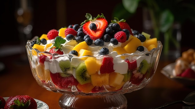 A fruit salad with whipped cream and strawberries on top.