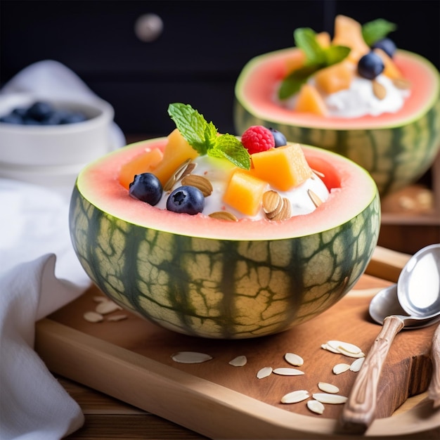 Fruit Salad With Yogurt In Carved Melon Cantaloup