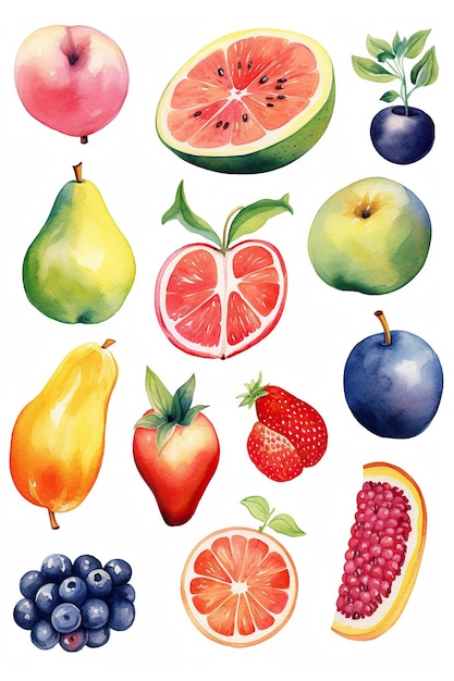 Photo fruit set collection watercolor clipart cute isolated on white background with generative ai