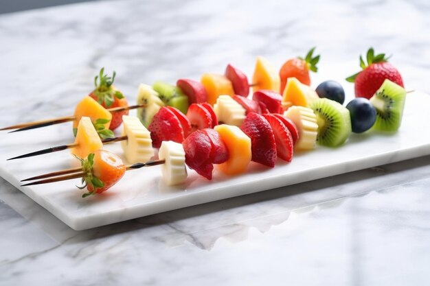 Fruit skewers on white marble counter