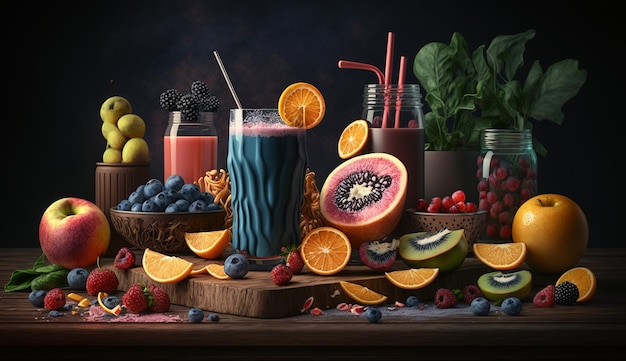 Fruit smoothie on a dark background Generative AI