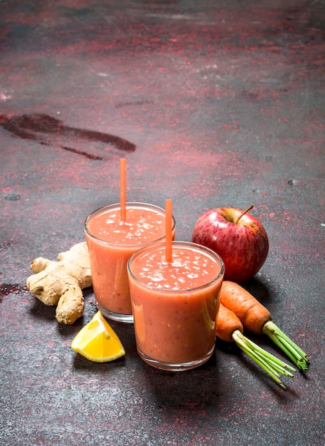 Fruit smoothie in glasses on rustic table.