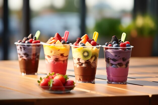 Fruit smoothies in plastic cups on wooden table in coffee shop