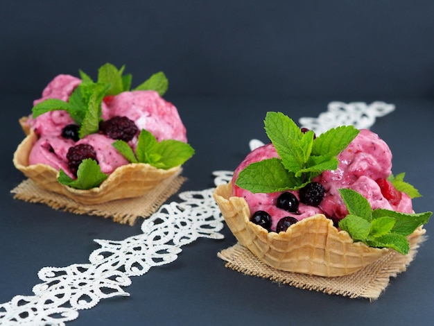 Fruit sorbet in waffle bowls