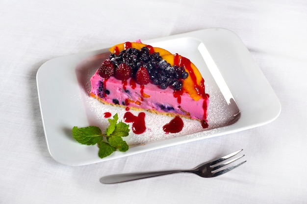 Fruit souffle with sauce and blueberries.Summer dessert.