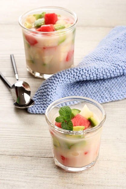 Fruit Soup or Ice Fruit (ES BUAH) is an Indonesian Fruit Cocktail Dessert, Popular during Ramadan for Breakfasting with Copy Space for Text