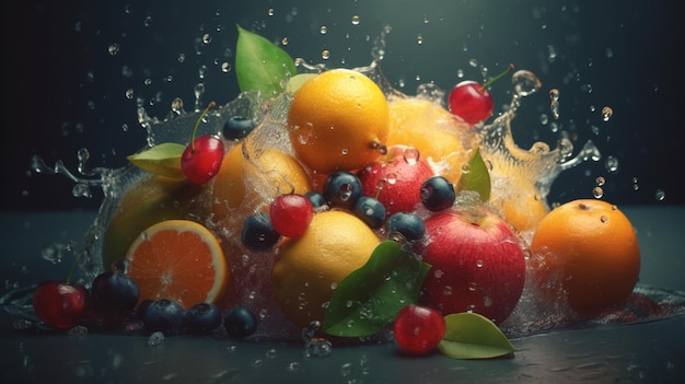 Fruit spatten in water op een zwarte backgroundgenerative ai