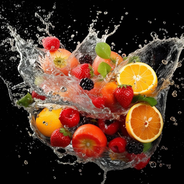 Fruit spetterend in water op zwarte achtergrond Gezond voedselconcept