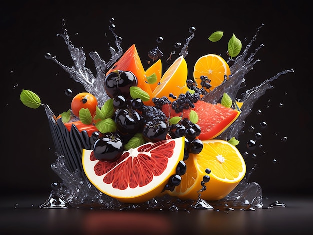 Fruit splash on black background Generative Ai