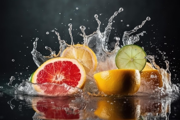 Photo a fruit splash with a lemon and lime with clean background