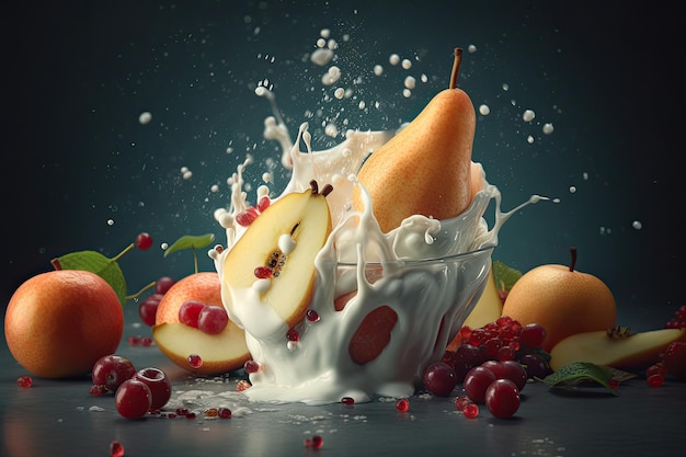 A fruit splashing in a bowl of milk