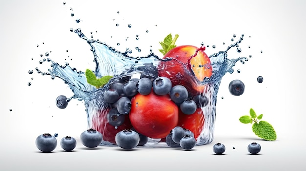 Fruit splashing in a bowl with blueberries and blueberries