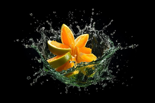 A fruit splashing in a bowl with oranges and limes