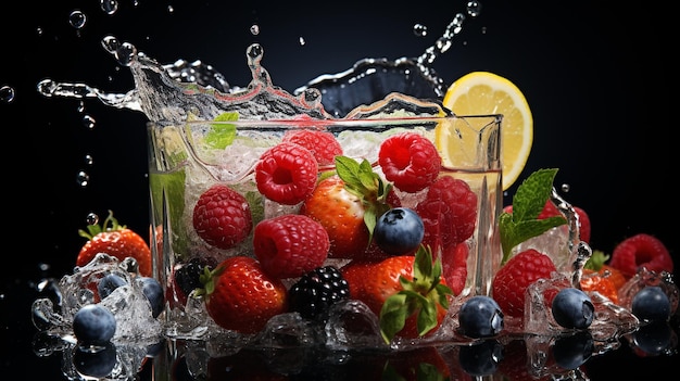 물이 가득 찬 유리잔에 튀는 과일