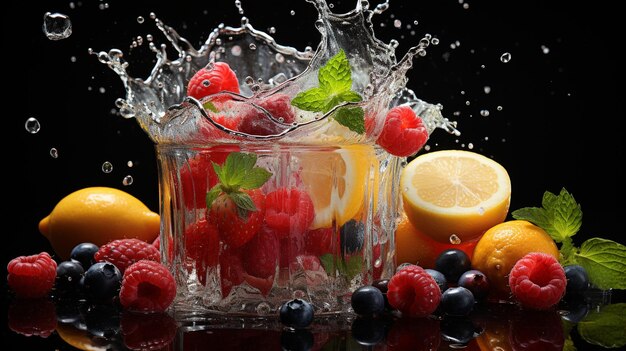 A fruit splashing into a glass filled with water