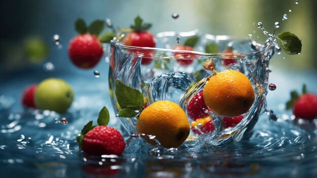 A fruit splashing into a glass filled with water