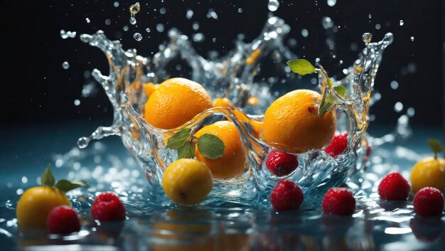 A fruit splashing into a glass filled with water