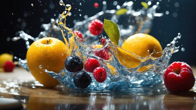 A fruit splashing into a glass filled with water