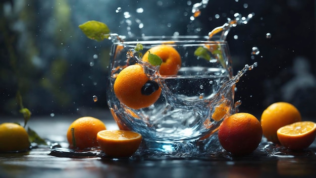 A fruit splashing into a glass filled with water