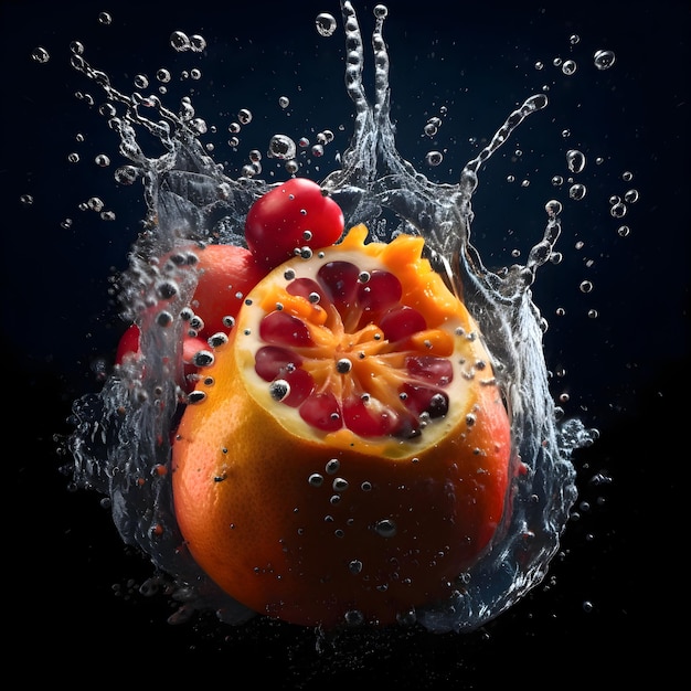 Fruit splashing into a glass of water on a dark background