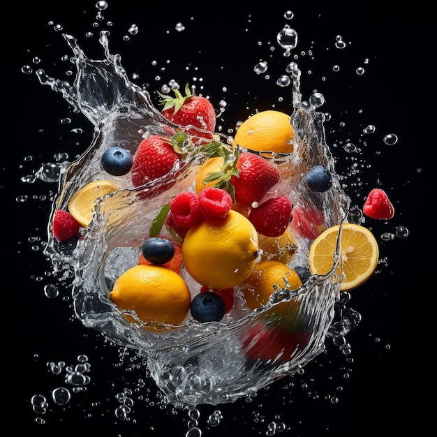 Fruit splashing into water banana apple oranges grapes coconut