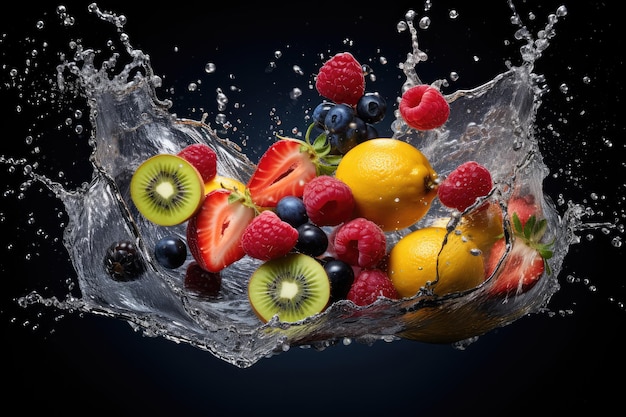 Fruit splashing into water on black background Mixed fruits