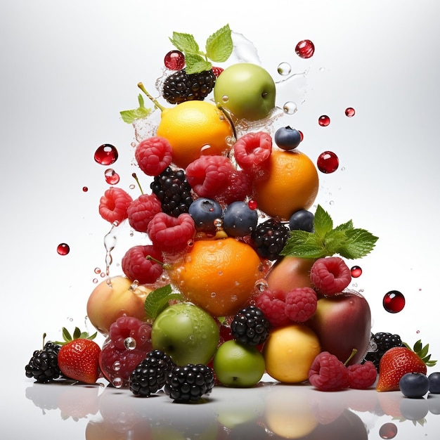 Fruit splashing in a splash of juice levitating on a white background