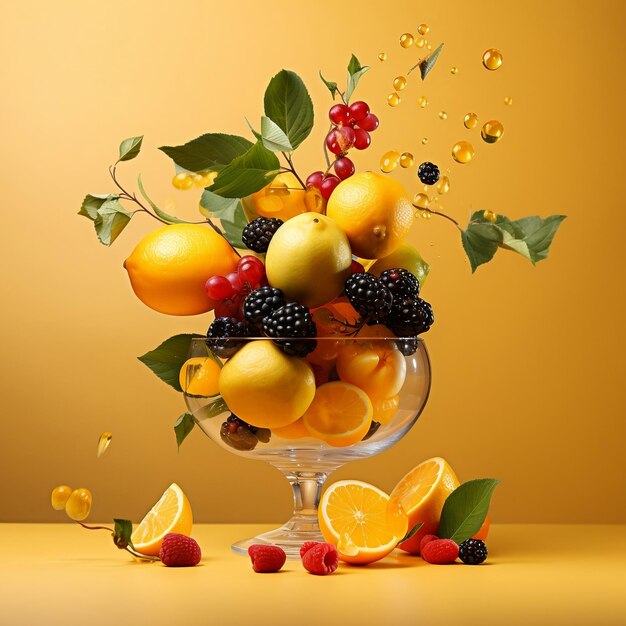 Fruit splashing in a splash of juice levitating on yellow background