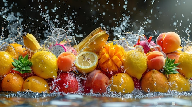 Fruit splashing in water on black background closeup