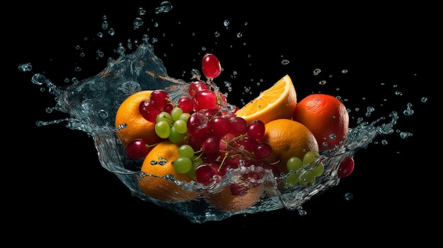 Fruit splashing in water on a black backgroundgenerative ai