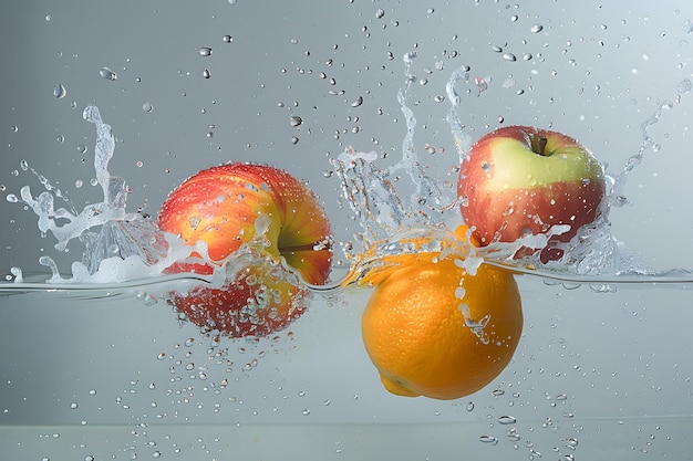 색 배경 에 물 에 뿌려진 과일 오렌지 사과 레몬