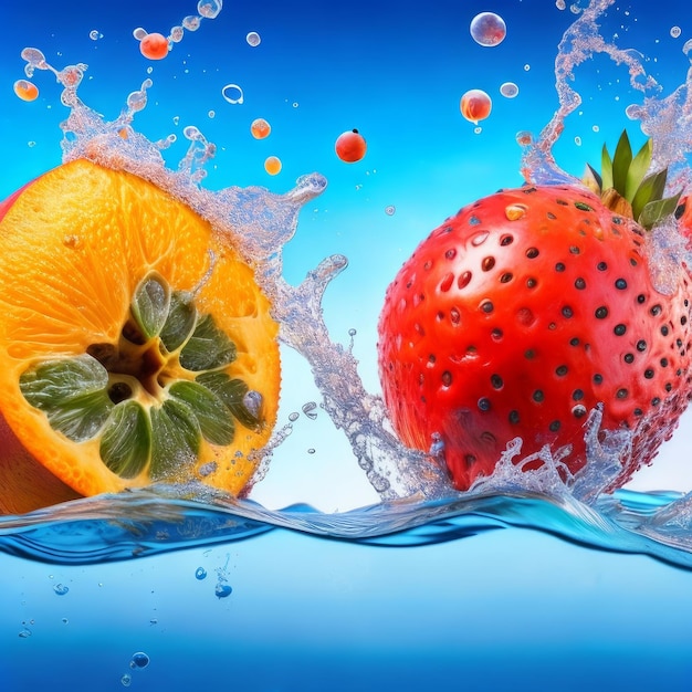 A fruit splashing in the water with a blue background