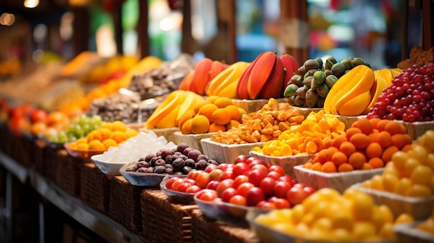 Fruit stall with fresh fruits in the market