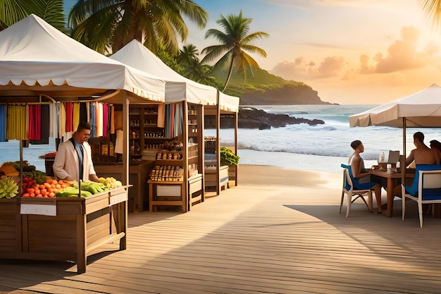 A fruit stand on a beach with a view of the ocean