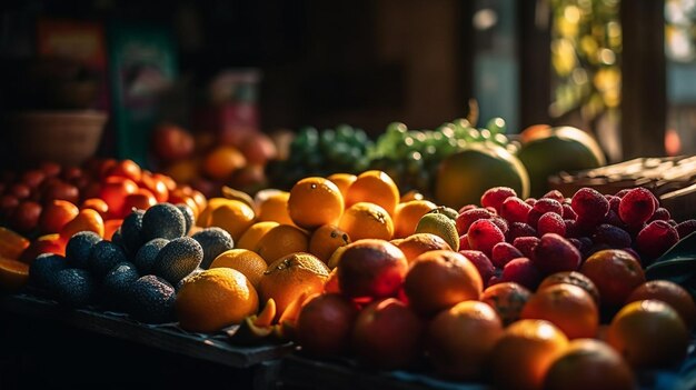 Foto una bancarella di frutta con sopra un sacco di frutta