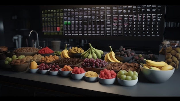 A fruit stand with a menu board that says'fruit'on it