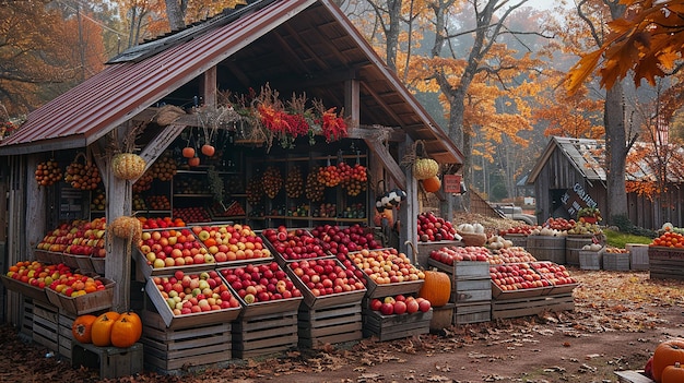 a fruit stand with a pumpkin on it