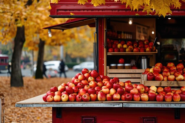 신선한 농산물을 구매하도록 고객을 유혹하는 생동감 넘치는 사과 진열대가 있는 과일 가판대 따뜻한 계피 사과 사이다를 제공하는 가을의 푸드 트럭 AI 생성