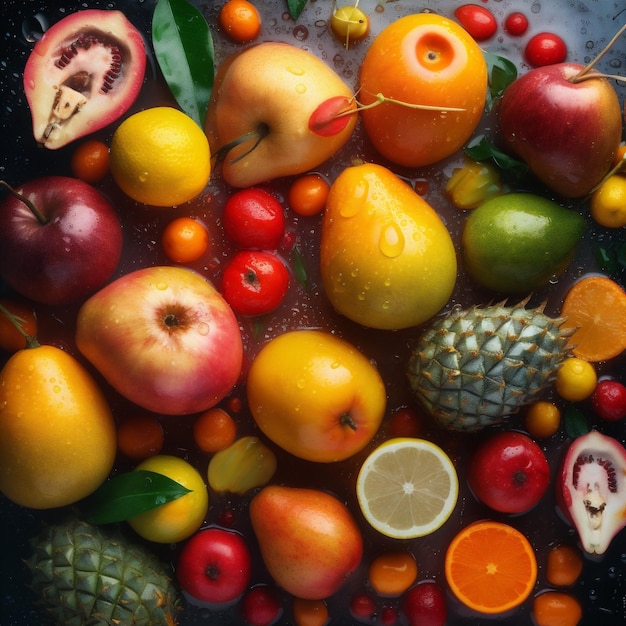 フルーツ、イチゴ、水、背景、波、新鮮、健康、ドロップ、ビタミン、食品、緑、生成AI