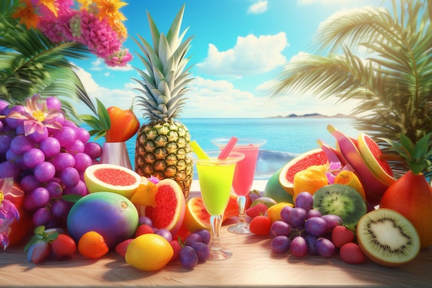 Photo fruit on a table with a beach background