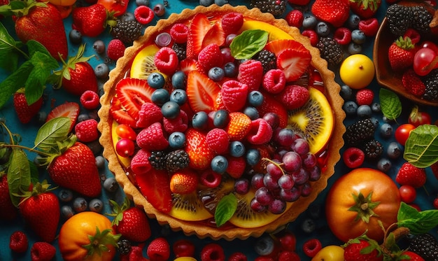 Fruit tart with berries kiwis oranges and strawberries Generative AI