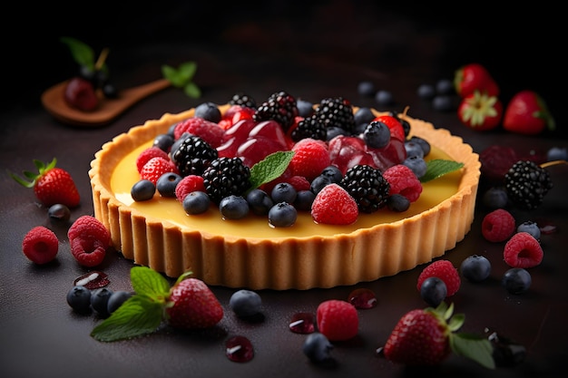A fruit tart with berries on top