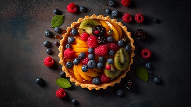 A fruit tart with a black background