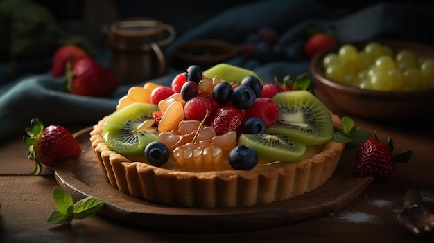 A fruit tart with a bowl of fruit on the side