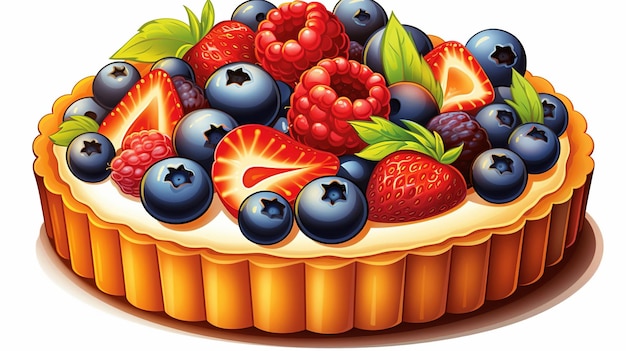신선한 딸기와 크림이 있는 과일 타르트가 만화 생성 인공 지능 위에 있습니다.