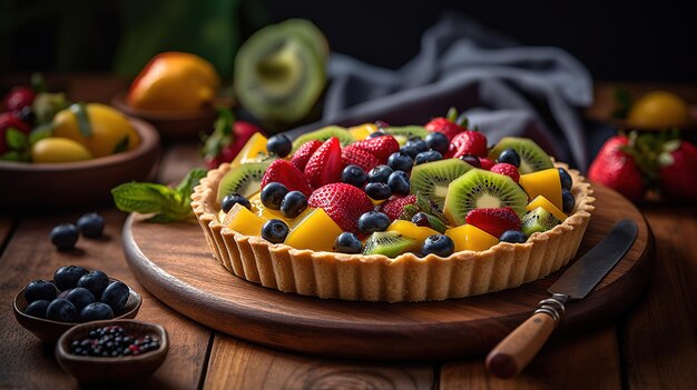 A fruit tart with a wooden tray and a wooden table in the background