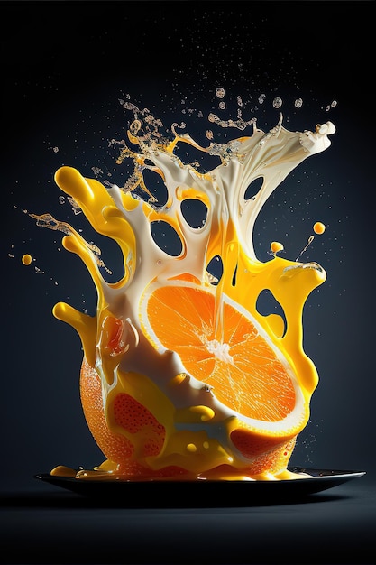 A fruit that is being dropped into a bowl with a splash of orange.