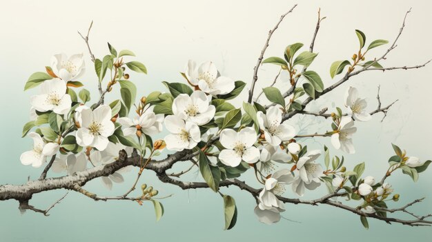 Fruit tree branch watercolor illustrations