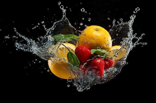 fruit vallen in water splash geïsoleerd op zwarte achtergrond ai gegenereerd