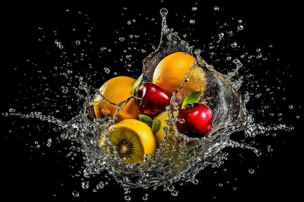 fruit vallen in water splash geïsoleerd op zwarte achtergrond ai gegenereerd